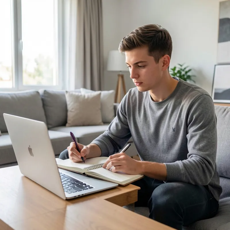 joven sentada en un living moderno tomando notas en un cuaderno junto a la laptop abierta, luz natural de ventana, expresión concentrada evaluando una decisión