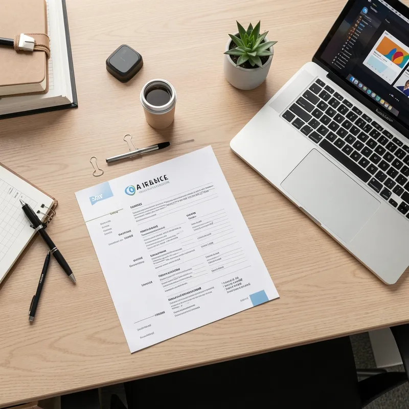 currículum impreso sobre un escritorio de oficina junto a una laptop abierta, plano cenital, ambiente de trabajo ordenado