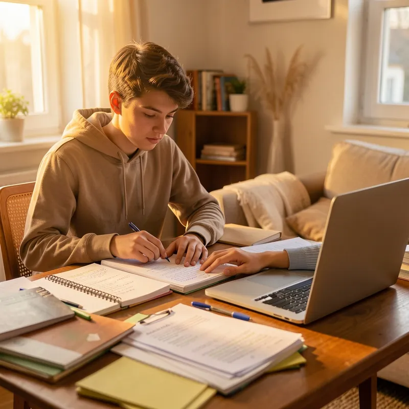 joven estudiante organizando notas y documentos sobre una mesa junto a una laptop abierta, ambiente de estudio en casa, luz cálida de tarde
