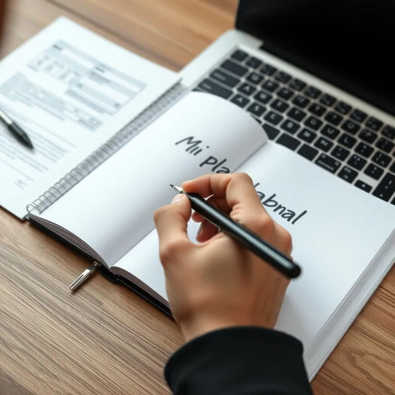 Persona escribiendo en una libreta un plan con el título "Mi plan laboral" sobre un escritorio con laptop