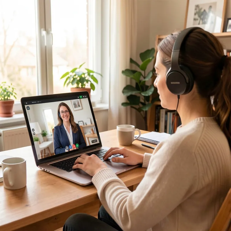 Persona trabajando desde su casa frente a una laptop con auriculares, videollamada de entrevista laboral en pantalla, ambiente hogareño luminoso, fotografía realista
