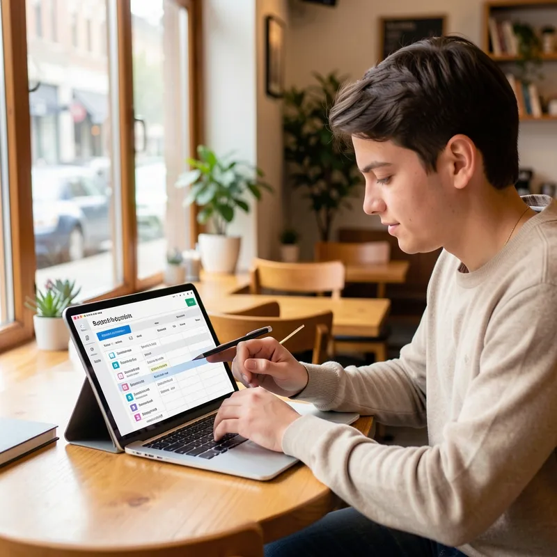 joven revisando una planilla de seguimiento de postulaciones en una tablet, sentado en una cafetería con luz natural, ambiente relajado y ordenado