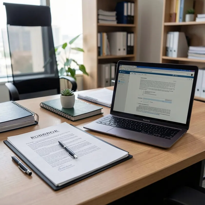 Documentos legales y una laptop sobre un escritorio, ambiente de oficina, fotografía realista