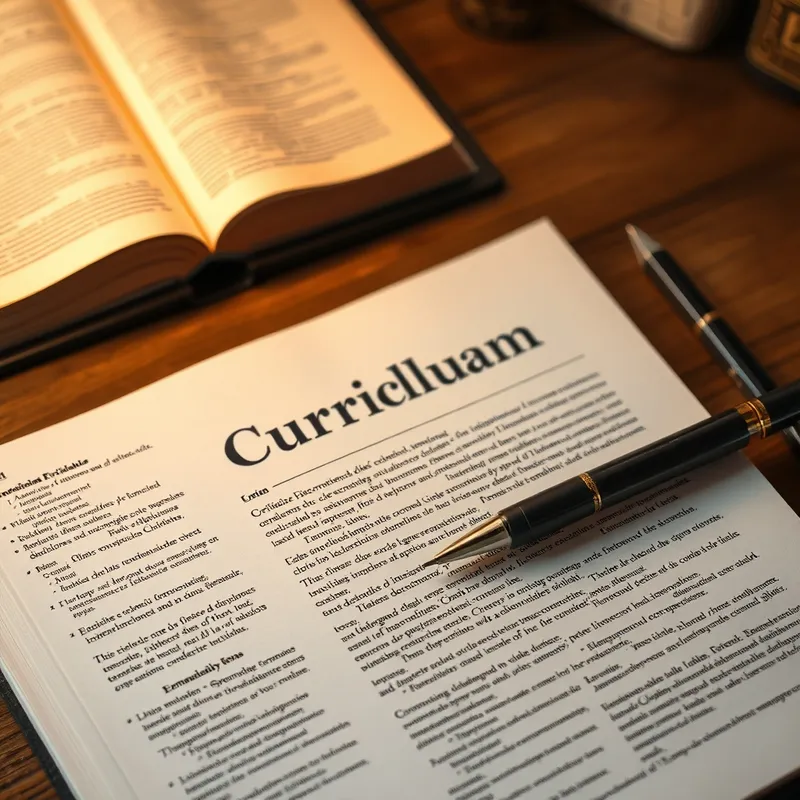 Documento de currículum en inglés impreso sobre un escritorio junto a un diccionario abierto y un bolígrafo, luz de escritorio cálida, fotografía realista