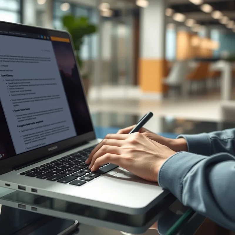 Primer plano de manos escribiendo en un teclado de laptop con un documento de currículum visible en la pantalla, ambiente de oficina moderna, luz natural