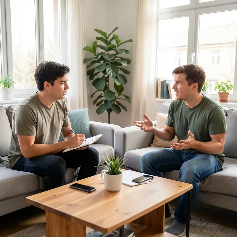 Dos jóvenes practicando una entrevista de trabajo simulada en un living, uno con una libreta tomando notas mientras el otro responde con gestos abiertos, ambiente relajado y natural