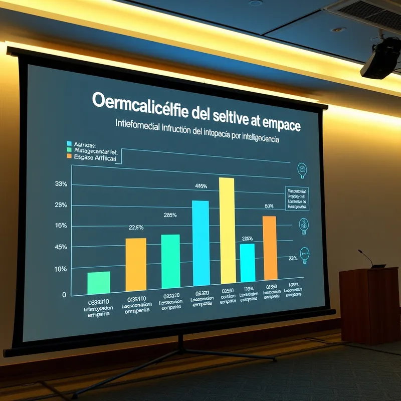 Gráfico de barras sobre transformación del empleo por inteligencia artificial proyectado en una pantalla durante una presentación de oficina, fotografía realista