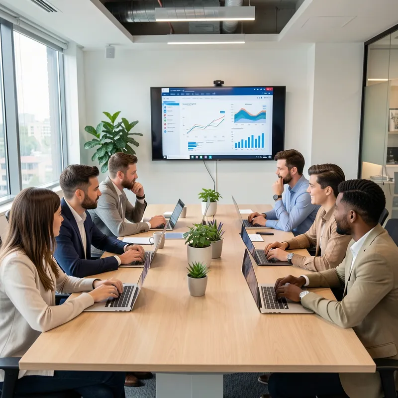 grupo diverso de profesionales en reunión de trabajo colaborativo alrededor de mesa con laptops y pantalla mostrando gráficos, oficina moderna, ambiente de trabajo en equipo, fotografía realista