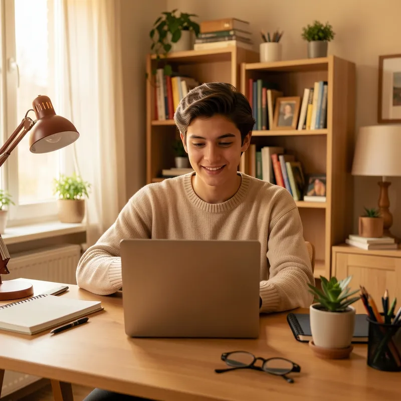 persona joven practicando frente a la cámara de su laptop en un espacio de trabajo hogareño, plano medio, ambiente cálido y ordenado