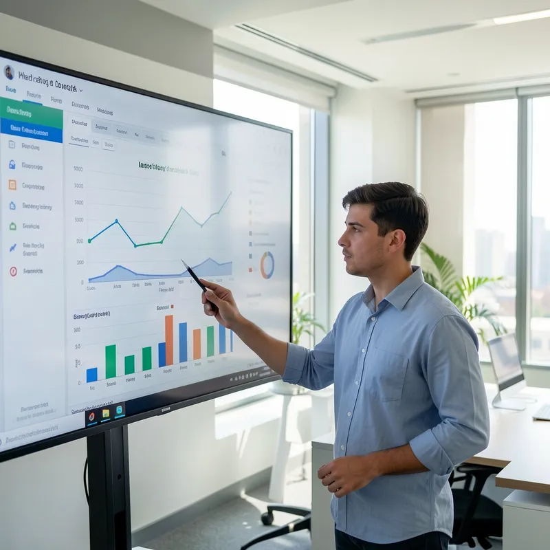joven analizando gráficos de datos en una pantalla grande dentro de una oficina moderna, ambiente profesional con luz natural, expresión de análisis concentrado