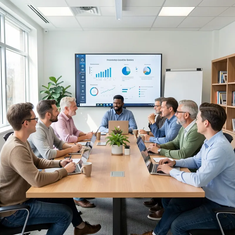 Grupo de trabajadores de distintas edades reunidos alrededor de una mesa en una sala de reuniones luminosa, mirando una pantalla con gráficos, ambiente colaborativo