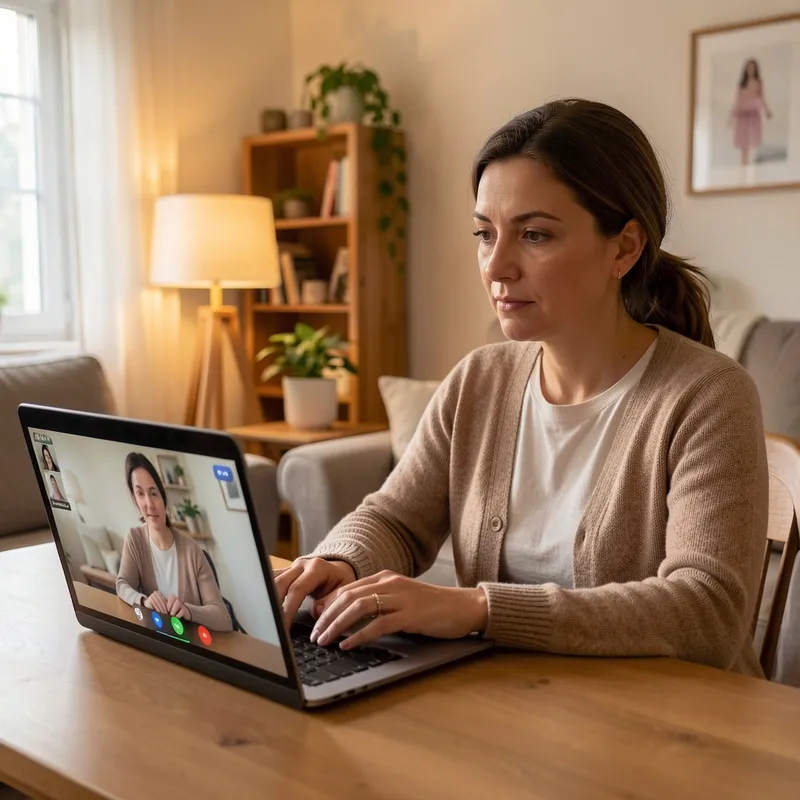 Persona adulta sentada frente a una laptop en su casa practicando una videollamada de entrevista simulada, expresión concentrada y serena, ambiente hogareño con luz cálida, plano medio