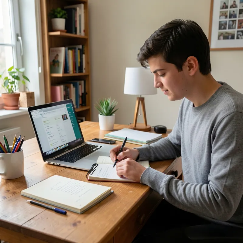 persona joven revisando notas y una agenda en un escritorio ordenado con laptop, plano medio, ambiente de trabajo hogareño