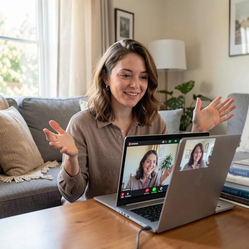 Persona conversando por videollamada en un living con laptop, gestos abiertos y expresión relajada, luz natural de ventana