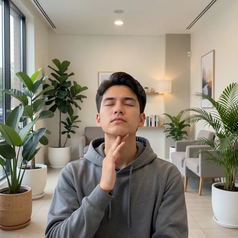 joven practicando respiración con los ojos cerrados en una sala de espera moderna, ambiente tranquilo con plantas y luz suave, expresión calma