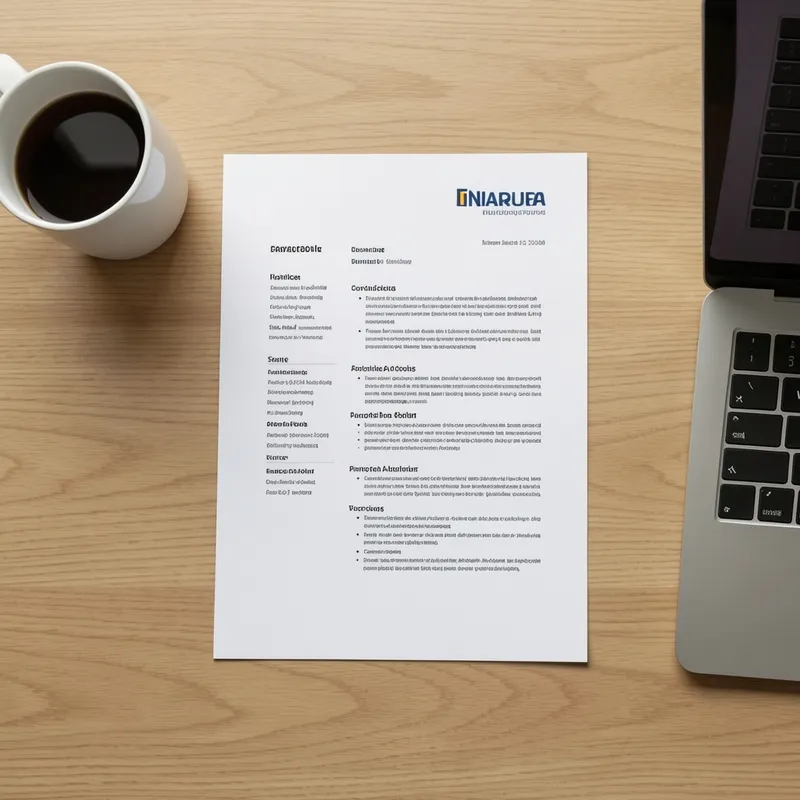 hoja de currículum impresa sobre un escritorio junto a una taza y una laptop, vista cenital, ambiente ordenado y profesional