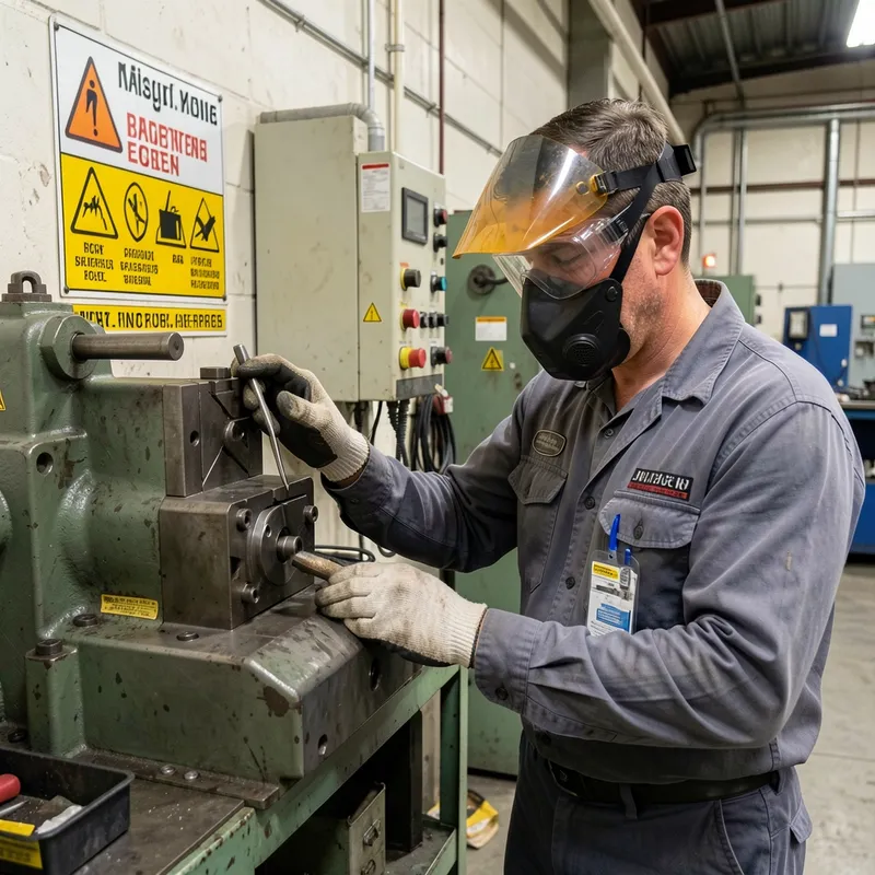 Persona con guantes y gafas de protección revisando maquinaria industrial en un taller, señalización de seguridad visible en la pared, fotografía realista