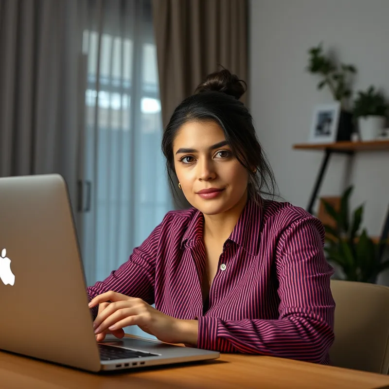 Persona en videollamada de entrevista laboral frente a su laptop, con expresión atenta, en un ambiente de oficina en casa bien iluminado