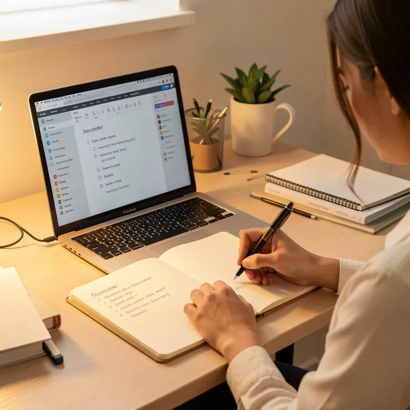 Persona escribiendo en una libreta con una lista de tareas frente a una computadora portátil abierta, ambiente de escritorio minimalista y ordenado, luz cálida