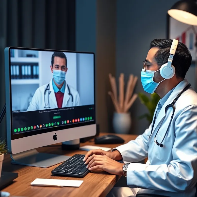 Profesional de la salud realizando una consulta médica por videollamada frente a su computadora, en un consultorio con buena iluminación